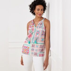 Talbots Tie Front Halter Top painterly tiles pattern, made of cotton voile